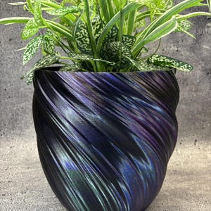 May include: A dark purple and black planter with a swirling, textured surface containing a green and white variegated plant. The planter features a metallic, iridescent finish that shifts in colour across its curved, spiraling exterior design.
