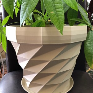Könnte beinhalten: Ein hellbeiger geometrischer Topf mit einem passenden Untersetzer. Der Topf hat ein einzigartiges, gedrehtes Design und ist aus glattem Kunststoff gefertigt. Eine grüne, blättrige Pflanze wächst im Topf.