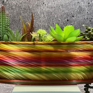 Op de afbeelding: Een kleurrijke, ovale plantenbak met een wervelend patroon van rood, geel en groen. De plantenbak bevat een verscheidenheid aan kunstmatige vetplanten en cactussen, waaronder een felgroene vetplant en een hangplant met kleine, ronde groene bessen.