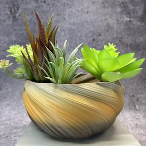 Op de afbeelding: Een ronde, wervelende plantenbak in beige en bruine tinten bevat een verzameling kunstmatige vetplanten. Het arrangement bestaat uit een felgroene rozetvormige vetplant, een stekelige zilvergroene plant en hogere, roodbruine bladeren.