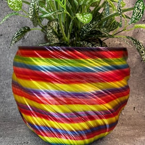 May include: A colorful, striped, swirl-patterned planter made of plastic. The planter is filled with a green plant with white speckles on the leaves.
