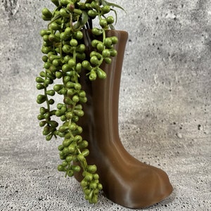 May include: A brown, boot-shaped planter holding a cascading green plant with small, round leaves. The planter is made of a solid, smooth material and sits against a textured gray background. The plant's vibrant green contrasts with the planter's earthy brown.