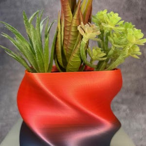 Pode incluir: Um vaso de espiral com gradiente vermelho, azul e verde com três tipos diferentes de suculentas. O vaso é feito de um material liso e brilhante.