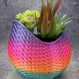 May include: A vibrant, rainbow-colored planter with a textured, scale-like pattern. The planter holds a variety of artificial succulents in shades of green, red, and yellow. The planter is a decorative item for home decor.