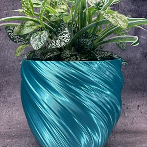 Extra Large Tall Twisted Flowerpot for Plants of all kinds (Light Aqua Blue Silk color) - 10" Diameter by 8.75" Tall; Modern Planter