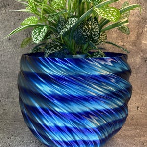 Op de afbeelding: Een blauw-witte, gewervelde bloempot met een groen-witte stippenplant. De pot heeft een glanzende afwerking en een spiraalvormig ontwerp. De plant heeft groene bladeren met witte stippen en witte randen. De pot staat op een grijze ondergrond.