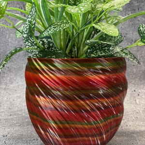 Pode incluir: Um vaso de espiral vermelho, verde e dourado com uma planta verde frondosa dentro.