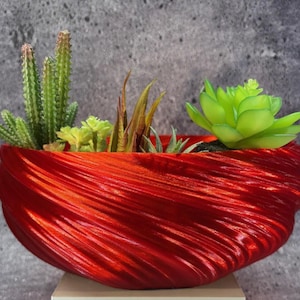 May include: A vibrant red, textured planter filled with a variety of succulents and cacti. The planter has a unique, swirling design. The plants include a tall, green cactus, small green succulents, and a large, bright green succulent.