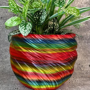 May include: A colorful, striped, swirl-patterned ceramic planter with a green plant with white speckles.