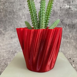 Puede incluir: Una maceta roja ondulada impresa en 3D con una planta suculenta verde en su interior.