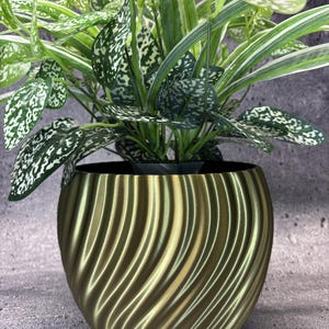 May include: A metallic gold plant pot with a rounded, bulbous shape and a textured, spiraling vertical ribbed pattern. The pot contains a lush, artificial plant with variegated green and white leaves that feature speckled patterns.