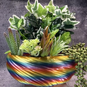 May include: A bowl-shaped planter with a spiraled, iridescent rainbow finish containing an assortment of artificial plants, including green and white variegated ivy, a tall cactus, light green succulents, and a trailing string of pearls.