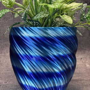 Könnte beinhalten: Ein blau-weiß gewirbelter Blumentopf mit einer grünen Pflanze mit weiß gesprenkelten Blättern. Der Topf hat ein Spiraldesign mit Blau- und Weißtönen. Die Pflanze hat lange, dünne grüne Blätter mit weißen Streifen.