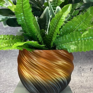May include: A decorative plant arrangement featuring vibrant green foliage and a unique, swirled planter. The planter transitions from dark brown at the base to a warm orange-brown at the top. The plant includes various shades of green leaves, creating a natural aesthetic.
