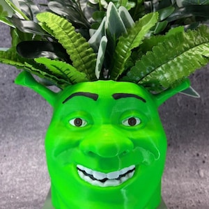 May include: A green Shrek-shaped planter with a smiling face, black eyebrows, and brown eyes. The planter is filled with a variety of green and white artificial leaves. The planter is sitting on a light green base.
