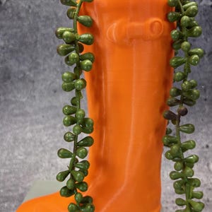 May include: An orange rubber boot planter with a green succulent plant growing out of the top.