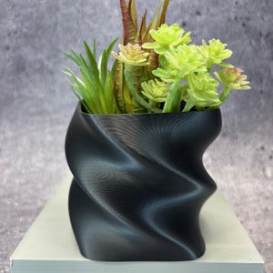 May include: A black, spiral-design plant pot containing artificial succulents. The faux plants have green and brown leaves, contrasting with the dark container. The pot rests on a white surface against a grey background.
