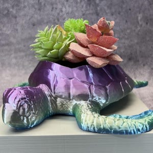 May include: A turtle-shaped planter in iridescent purple, blue, and green holds faux succulents. The planter is resting on a white surface. The succulents are green and reddish-pink.
