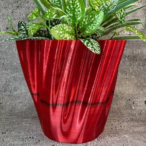 May include: A red, textured, ceramic planter with a plant with green leaves and white spots. The planter has a wavy, organic shape.