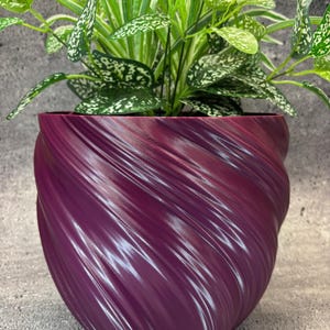 Pode incluir: Um vaso roxo com um design de espiral e uma planta verde dentro. O vaso tem um design único, texturizado e em espiral.