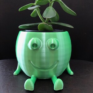 May include: A green ceramic planter shaped like a smiling face with two legs. The planter has a small succulent plant growing inside.