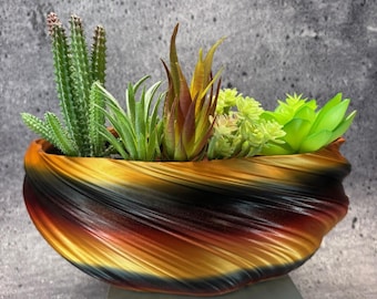 Extra Large Shallow Twisted Planter for Succulents or Cati (Red/Gold/Black Starlight color) -12" Diameter by 4.5" Tall; Modern Planter