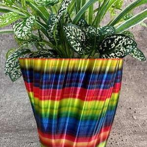 May include: A colourful, rainbow striped, 3D printed planter with a green plant inside.