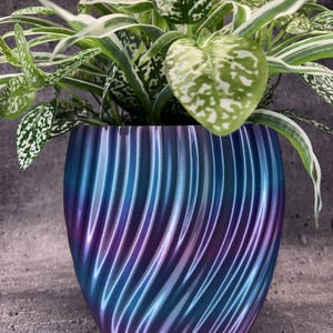 Peut inclure: Un pot de fleurs avec une finition métallique irisée qui alterne entre des nuances de bleu profond et de violet. L'extérieur présente une texture nervurée verticale et en spirale. Une plante panachée verte et blanche est placée à l'intérieur.