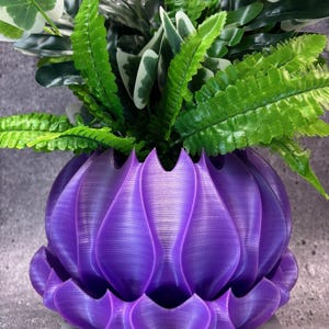 Könnte beinhalten: Ein leuchtend violetter, 3D-gedruckter Blumentopf, gefüllt mit üppigem grünem und weißem Laub. Der Topf hat ein einzigartiges, blütenblattartiges Design. Der Blumentopf steht auf einer weißen Oberfläche.
