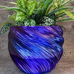 May include: A purple and blue swirl planter with a green plant inside. The planter is made of a smooth, shiny material and has a unique, organic shape.