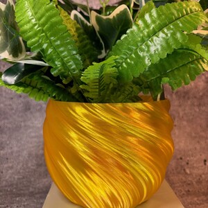 Op de afbeelding: Een gele, swirl-vormige keramische pot met een groene, bladerrijke plant erin.