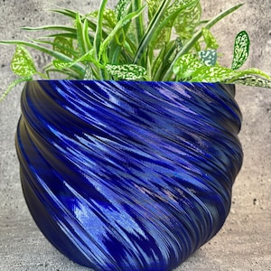 May include: A vibrant blue, textured plant pot with a swirling design, filled with a green plant with white-speckled leaves. The pot has a glossy finish and sits on a gray, textured surface. The plant's leaves have a mix of green and white patterns.