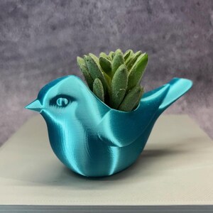 May include: A teal-colored bird-shaped planter holding a green succulent. The bird has a smooth, glossy finish and a detailed eye. The succulent is a cluster of green leaves. The planter is a decorative item for home decor.