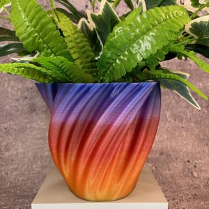 May include: A colourful, 3D printed planter with a swirling, ombre design in shades of blue, purple, red, orange, and yellow. The planter is filled with green leafy plants.