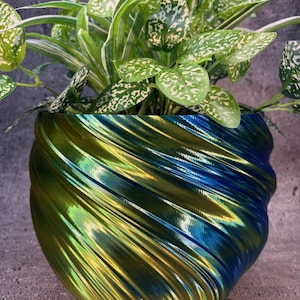 Puede incluir: Una maceta verde y azul iridiscente con un patrón de espiral. Una planta verde frondosa con marcas blancas está creciendo en la maceta.