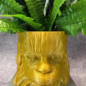 May include: A gold-coloured, 3D-printed planter in the shape of a character's face, featuring detailed fur texture. The planter is filled with vibrant green artificial plants. A unique decorative item for home or office.