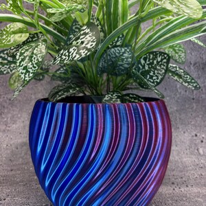Op de afbeelding: Een blauw-paarse 3D-geprinte bloempot met een wervelend patroon, met een groene plant met gespikkelde bladeren. De gebogen lijnen van de pot creëren een dynamisch visueel effect. Geschikt voor binnenshuis.