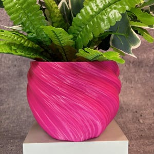 May include: A vibrant pink, spiral-textured planter filled with lush green and white foliage. The planter sits on a white square pedestal, creating a striking contrast. The plant features various shades of green leaves.
