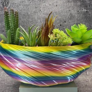 May include: A colorful, rainbow-striped planter filled with a variety of artificial succulents and cacti. The planter's design features a swirling pattern of yellow, blue, purple, and green. The plants include a green succulent, a cactus, and other greenery.