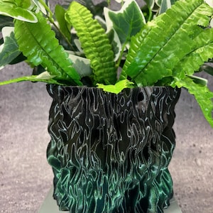 May include: A black and green textured plant pot filled with vibrant green and white leafy plants. The pot has a unique, wavy design, creating a visually interesting contrast with the foliage. The pot is sitting on a white surface.