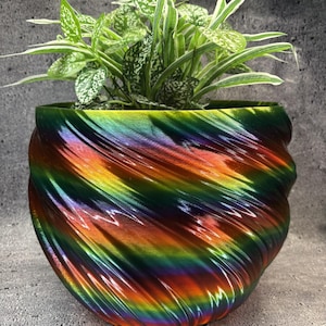 May include: A round planter with a spiraling, ribbed texture and a metallic rainbow gradient finish that shifts between red, orange, yellow, green, blue, and purple. A small green and white variegated houseplant grows from the top opening.