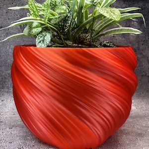 Può includere: Un vaso per piante rosso brillante caratterizzato da una distinta texture a coste a spirale sulla superficie esterna. Il vaso contiene una rigogliosa pianta verde con foglie variegate che presentano motivi bianchi e verde chiaro.