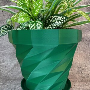 Könnte beinhalten: Ein grüner geometrischer Topf mit einem passenden Untersetzer. Der Topf hat ein einzigartiges, kantiges Design und ist mit einer grünen, belaubten Pflanze gefüllt.