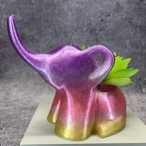 May include: An elephant-shaped planter with a smooth, glossy finish that transitions in colour from a deep purple at the trunk and ears to a vibrant pink in the centre, ending in a golden yellow base. A small, bright green succulent sits inside.