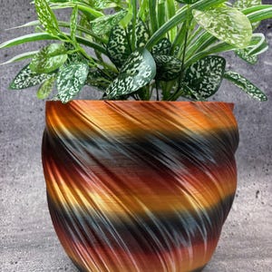 May include: A decorative plant pot with a swirling design in shades of orange, brown, and black. The pot holds a green plant with white speckled leaves and long, slender green leaves. The pot is made of a hard material.