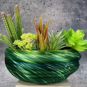Großer flacher gedrehter Übertopf für Sukkulenten oder Cati (grüne Regenbogenfarbe) - 26 cm Durchmesser mal 10 cm hoch; Moderner Blumentopf; USA Shop