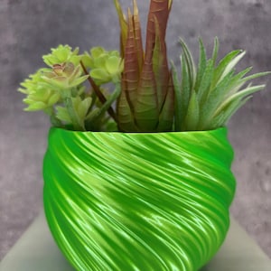 May include: A green swirl planter with a variety of succulents and plants. The planter is made of a smooth, shiny material.