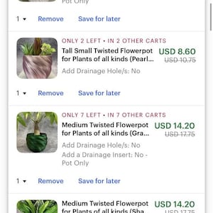 May include: A shopping cart screen displays various twisted flower pots with plants. The pots come in different colors, including white, pearl, green, and burgundy. The text indicates the pots are for plants of all kinds.