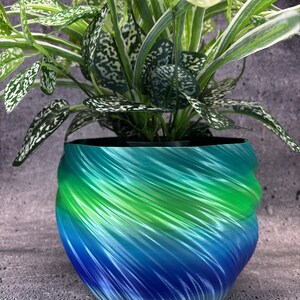 May include: A plant pot with a spiraling, ribbed texture featuring a gradient color transition from vibrant green at the top to deep blue at the base. The pot contains a leafy green plant with variegated white and green foliage patterns.