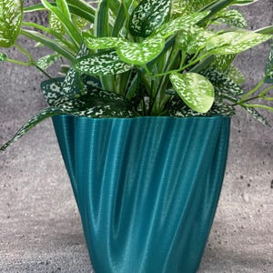 May include: A green, wavy, textured ceramic planter with a leafy green plant with white speckles.